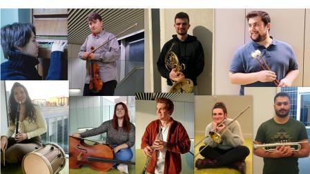 Arriba, de izquierda a derecha: Maialen Tellabide (piano jazz), Rubén Álvarez (violín), Gaizka Ciarrusta  (trompa), Alejandro Carrascoso (percusión). Abajo, de izquierda a derecha: Maite Lomas (txistu), Cecilia Ferraz (violoncello), Martín Zulaica (oboe), Garazi Petrirena (trombón jazz), Iker Larrauri (trompeta)