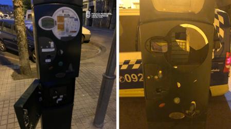 Dos de los parquímetros dañados en la Txantrea