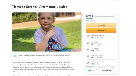 Imagen de la página de GoFundme desde donde se realiza el crowfunding para el niño ucraniano