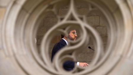 El presidente de la Generalitat, Pere Aragonès, comparece tras valorar el supuesto caso de espionaje a independentistas, en el Palau de la Generalitat