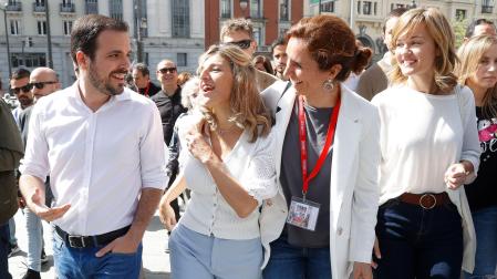 La vicepresidenta segunda y ministra de Trabajo y Economía Social, Yolanda Díaz, junto al ministro Alberto Garzón y la líder de Más Madrid, Mónica García, en la manifestación del 1º de Mayo