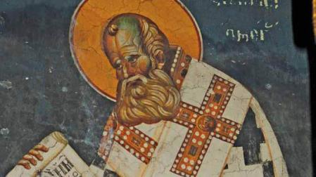 Fresco de San Atanasio el Grande en la Iglesia de Theotokos Peribleptos en Ohrid, Macedonia