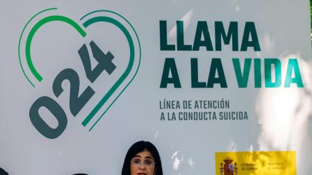 La ministra de Sanidad, Carolina Darias, este lunes en Madrid durante la presentación por parte del Ministerio de Sanidad de la línea 024 de atención a la conducta suicida