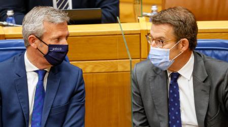 Alfonso Rueda (i) conversa con Alberto Núñez Feijóo antes de pronunciar su discurso de investidura en el Parlamento gallego