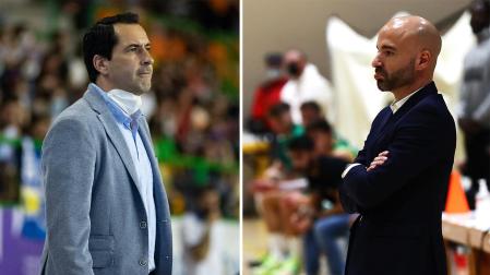 Guillemo Arenas Milán, entrenador del Hereda Ourense (izda.) y Jordi Juste, entrenador del ENERparking Basket Navarra (dcha.)