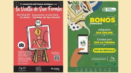Cartel de la exposición de los carteles de San Fermín (izda) y cartel de la nueva campaña de bonos 'Somos tu Comercio Pamplona' (dcha)