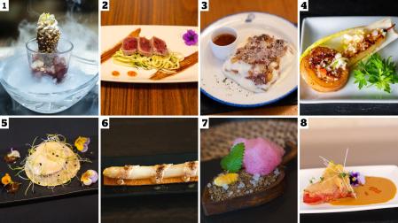 1. Helado de foie trufado. 2. Atún en la Huerta. 3. Milhojas de dos tierras. 4. Piruleta Lizarraldea. 5. Rocas de Zudaire. 6. Espárrago de Tierra Estella. 7. El amanecer en la esparraguera. 8. Sabores navarros.