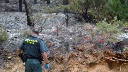 Un agente de la Guardia Civil, en el lugar donde se inició el incendio de Sigüés (Zaragoza)