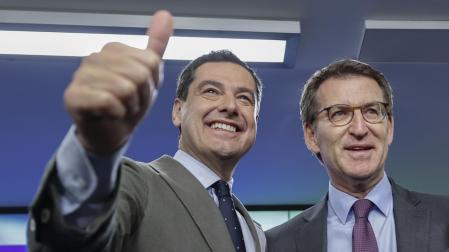 Juanma Moreno y Alberto Núñez Feijóo, en la celebración del resultado de las elecciones andaluzas
