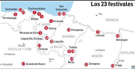 Mapa con la localización de los 23 fesivales próximos a Navarra
