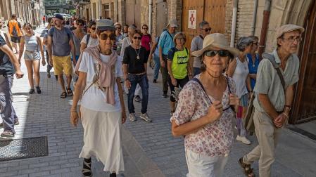 Los participantes en la peregrinación a su paso por la calle La Rúa de Estella