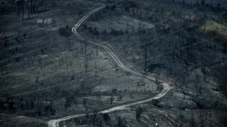 Monte y vegetación completamente calcinados tras el incendio acontecido en O Barco de Valdeorras, en Ourense, este jueves