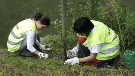 Dos voluntarias realizan labores de plantación en una zona ajardinada de Pamplona