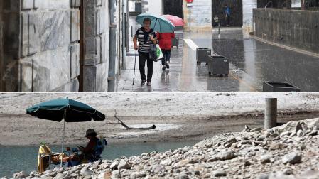 Arriba, una mujer se protege con su paraguas de la lluvia en la plaza Zaharra de Lesaka; abajo, Una persona se protege del sol con una sombrilla en el embalse de Yesa