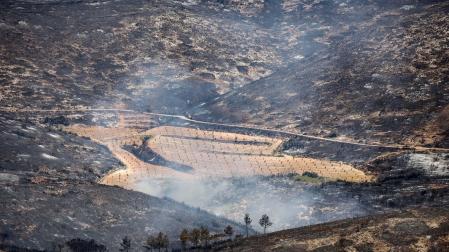 Humo y zona calcinada del incendio forestal que va desde Alcublas hasta las poblaciones de Bejis, Teresa, Toras y Altura en la comarca del Alto Palancia (Castellón)