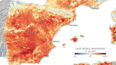 La imagen muestra las temperaturas que se alcanzaron en la superficie del suelo en el norte de África, España y sur de Francia el pasado 17 de julio