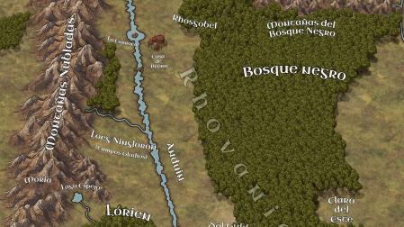 Mapa de Rhovanion, región de la Tierra Media que aparece en las novelas de Tolkien novelas El hobbit y El Señor de los Anillos, y es mencionada en El Silmarillion