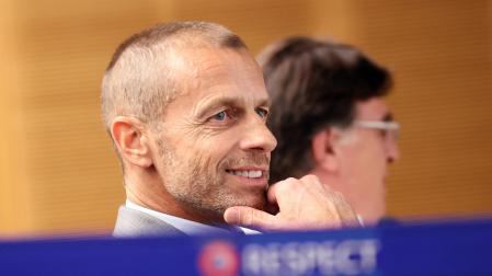 El presidente de la UEFA, Aleksander Ceferin, durante la conferencia de prensa de la candidatura conjunta de España y Portugal
