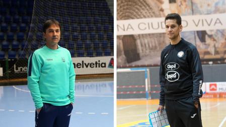 Imanol Arregui, entrenador de Osasuna Magna, posa en la pista del pabellón Anaitasuna de Pamplona y El entrenador del Aspil-Jumpers Ribera Navarra Fútbol Sala, Diego Ríos, sobre la pista del pabellón Ciudad de Tudela