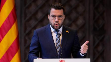 El presidente de la Generalitat, Pere Aragonès, durante la declaración que ha realizado este viernes en el Palau de la Generalitat