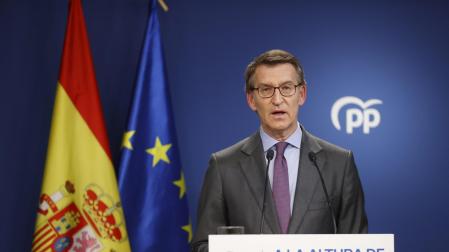 Alberto Núñez Feijóo, este viernes en su comparecencia en la sede nacional del PP