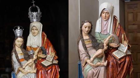 ANTES... Imagen de la talla de Santa Ana La Vieja antes de su restauración y ...AHORA Aspecto actual de la escultura