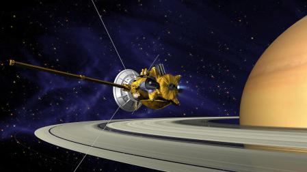 Una recreación artística de la sonda Cassini Huygens en Saturno