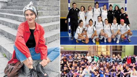 Helena Bayona (izquierda); Azkoyen Femeni de Fútbol Sala (arriba derecha) y Jaso Fundazioa (abajo derecha)