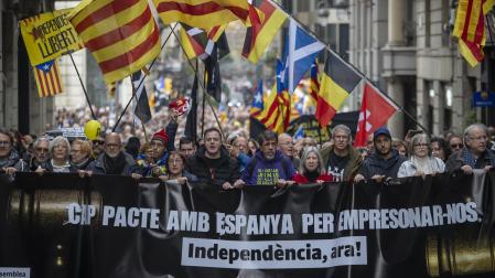 Cabecera de la manifestación, este martes en Barcelona