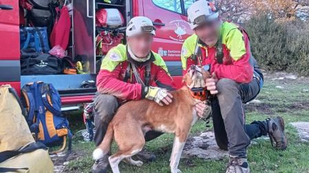 Dos bomberos, con el perro rescatado