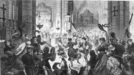 Noche de Navidad en el interior de una iglesia española, por M. Miranda, publicada en 1873 en la revista francesa L’Illustration