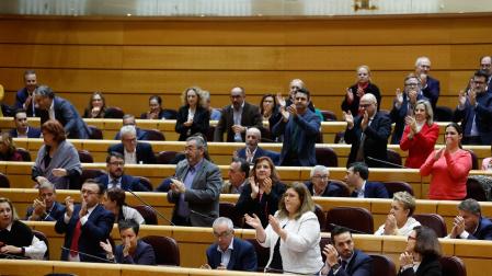 Varios senadores aplauden durante el pleno de la Cámara Alta este jueves en Madrid