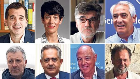 Mikel Irujo, consejero de desarrollo económico y empresarial; Elma Saiz, consejera de Economía y Hacienda; Chechu Rodríguez, secretario general de CCOO en Navarra; Jesús Santos, secretario general de UGT en Navarra; Félix Bariain, secretario general de UAGN; Juan Miguel Sucunza Nicasio, presidente de la CEN; Javier Taberna, presidente de la Cámara de Comercio e Industria; Fermín Gorráiz, presidente del EHNE en Navarra