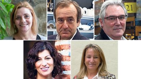 María Ángeles Rodríguez, Asociación de Pequeños Hosteleros (ANAPEH); Javier Arístegui, gerente de la cooperativa de hostelería; Javier Delgado, asociación de distribuidores de bebidas (ASDIBENA); Sara Martínez presidenta de la Asociación de Hoteles de Navarra, y Ana Beriáin, asociación de empresario de hostelería (AEHN)