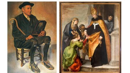 A la izquierda, Cristero, obra de Miguel Pérez Torres (c. 1918-1919) del Ayuntamiento de Tudela. A la derecha, Lienzo de santo Tomás de Villanueva por Francisco Camilo en las Agustinas Recoletas de Pamplona, mediados del siglo XVII. Foto J. L. Larrión