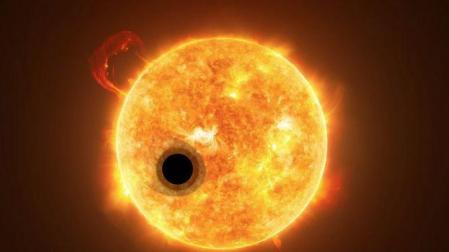 Representación artística de un exoplaneta en tránsito con una cola de helio en fuga