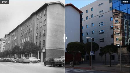A la izquierda, el inmueble, con 24 viviendas, al principio de la calle Monasterio de Irache. A la derecha, el actual Palacio de Justicia de Navarra.