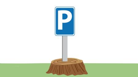 Ilustración de un árbol cortado junto a una señal de parking