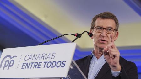 El presidente del Partido Popular, Alberto Núñez Feijoó, durante su intervención este sábado en la presentación del proyecto de ciudad del PP al Ayuntamiento de Las Palmas de Gran Canaria, con su candidata Jimena Delgado