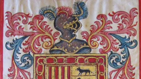Escudo pintado sobre pergamino en la ejecutoria de higalguía de Miguel de Iriarte, 1738. Archivo de las Benedictinas de Corella