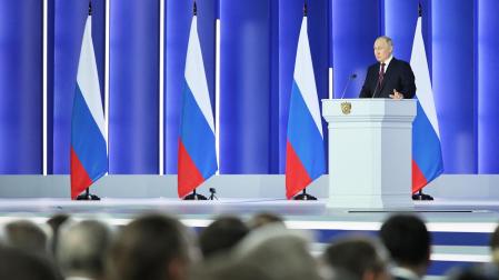 El presidente Vladimir Putin durante su discurso ante la Asamblea Federal este martes, 21 de febrero.