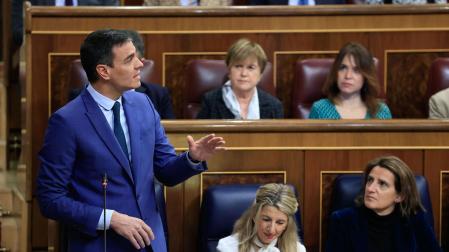 El presidente del Gobierno, Pedro Sánchez, interviene durante la sesión de control al Gobierno celebrada este miércoles en el Congreso de los Diputados.