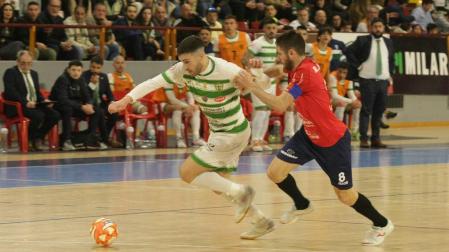 El capitán de Osasuna Magna, Roberto Martil, que llegó ayer a la cifra de 500 partidos con el Xota, persigue a Saura, goleador del Córdoba