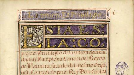 Primera página de la copia de 1588 del Privilegio de la Unión, en la Biblioteca Nacional