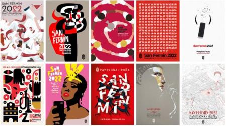 Carteles finalistas en el concurso de San Fermín 2022. El primero por la izquierda en la fila superior fue el ganador
