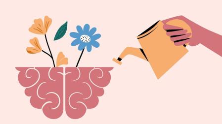 Ilustración de una regadera aportándole agua a un cerebro con flores