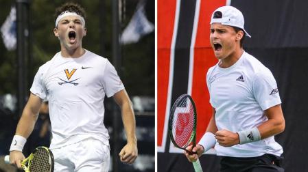 Iñaki Montes celebra un puntos conseguido durante uno de sus torneos universitarios y Antonio Prat durante uno de sus partidos de individuales en Estados Unidos