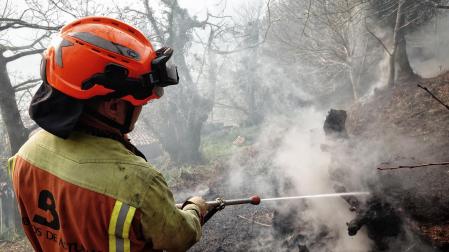 Un bombero trabaja en la extinción de un incendio forestal en Toraño, Parres (Asturias)