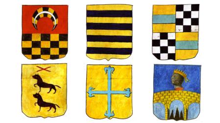 Primera fila, de izq. a dcha.: escudo de Borda, escudo de Burdaspal y escudo de Echebelz. Segunda fila, de izq. a dcha.: escudo de Iribas, escudo de Rada y escudo de Villoch