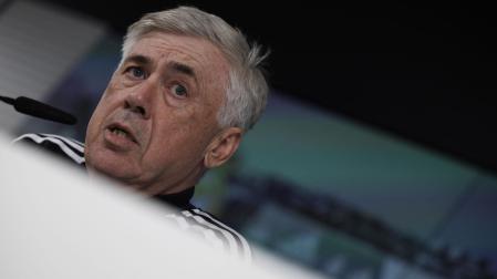 Ancelotti, durante su rueda de prensa en Valdebebas